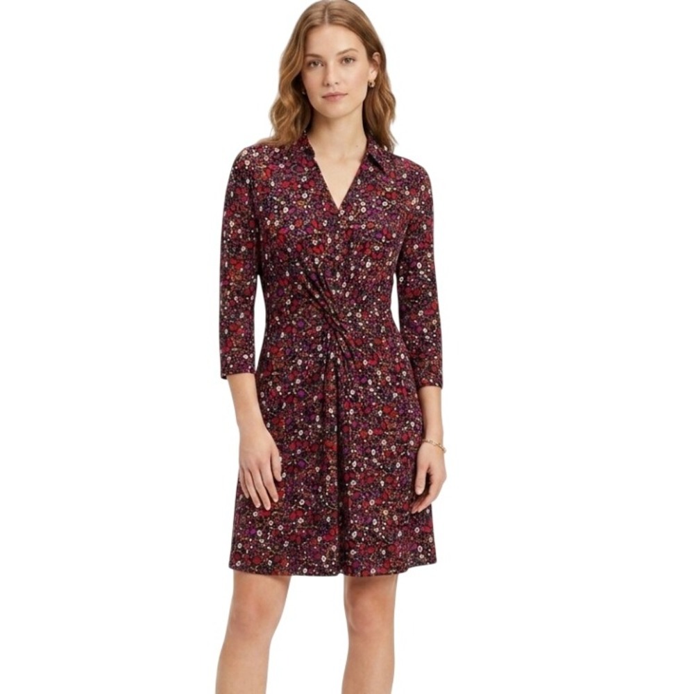 Tommy Hilfiger Floral Twist Front Dress Women 22W Navy Red 3/4 Sleeve TDNYIK0512